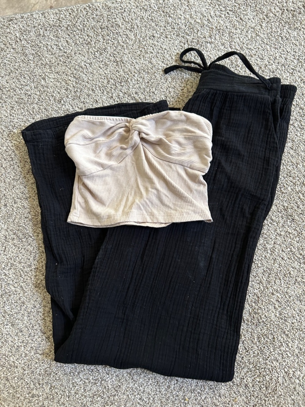 Black linen pants with Cream Twist Bandeau Top